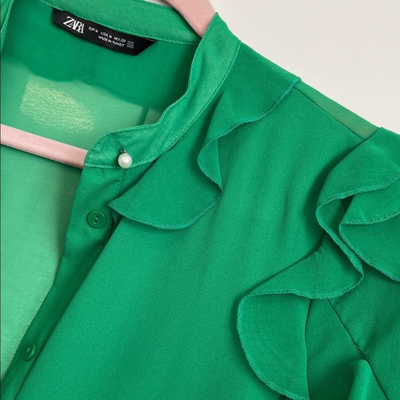 Zara Emerald Green Ruffle Sleeve Blouse Mandarin Collar, Size M - Picture 6 of 10